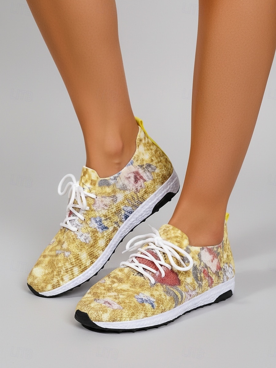 Women's Yellow Floral Print Knit Sneakers – Lightweight Breathable Casual Shoes with Cushioned Non-Slip Sole, Fashion Walking Shoes for Travel, Outdoor and Everyday Wear 2026 - $29.99 –P2