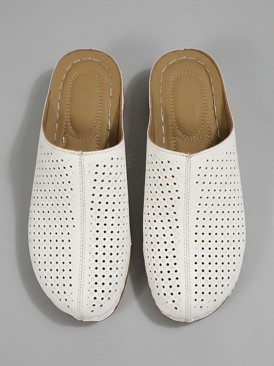 Mules femininas perfuradas, estilo slip-on – sapatos brancos em couro sintético com salto confortável para uso diário, passeios casuais e um estilo descontraído de verão. de 2026 por $19.99 –P1