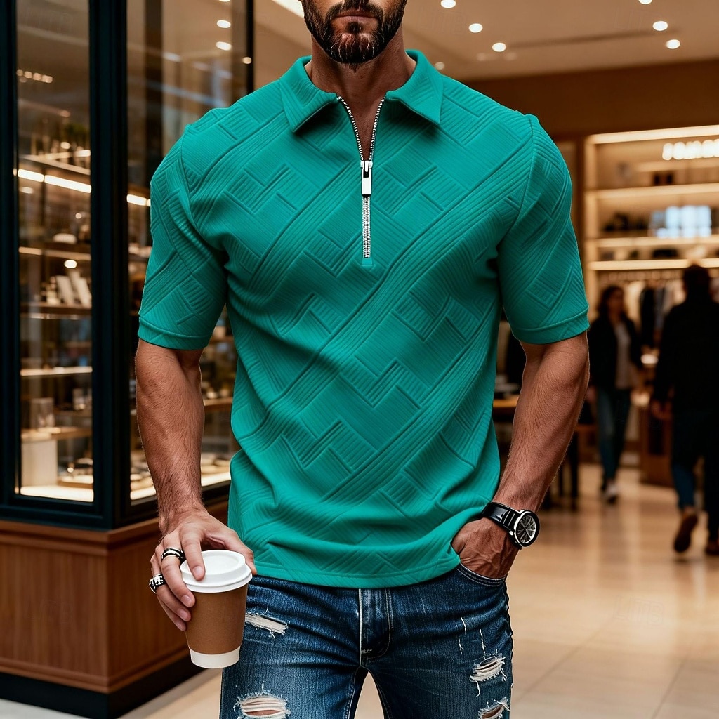 Per uomo Polo con zip Testurizzato Casuale Quotidiano Zip a un quarto Manica Corta Moda Tempo libero Semplice Cerniera Zip a un quarto Estate Primavera Blu Verde translucido blu navy Aalbicocca Blu del 2026 a $22.99 –P12