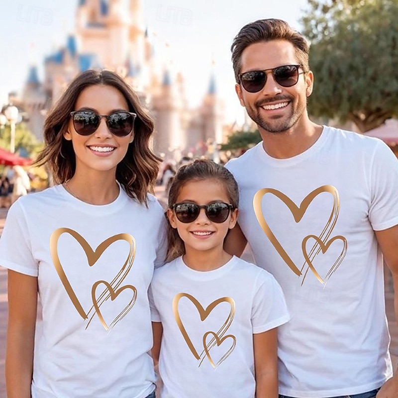 Family T shirt Tops Heart Casual Print Black White Light Brown Short Sleeve Active Matching Outfits 2026 - $21.99 –P1