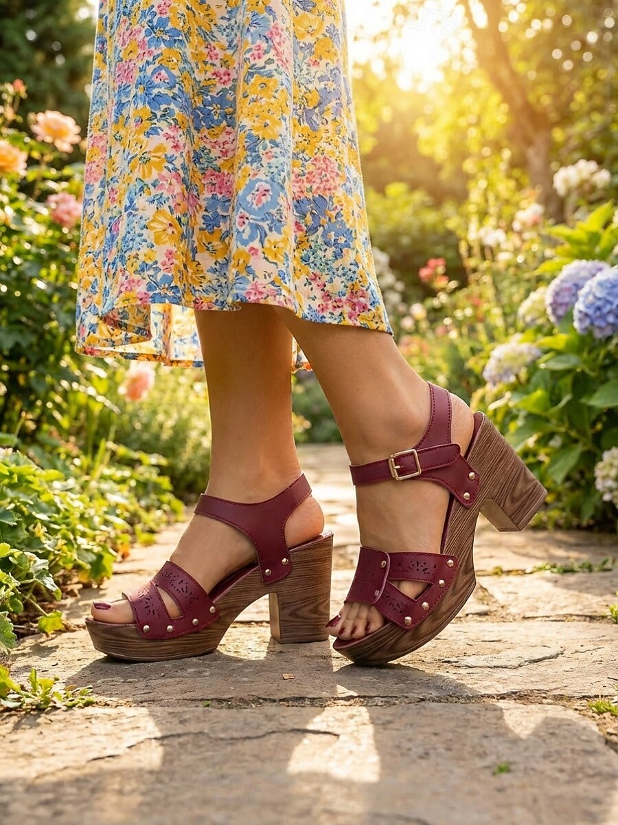Women's Burgundy Chunky Heel Sandals – Faux Leather Sandals with Buckle and Perforated Design for Casual Outings, Summer Parties and Everyday Wear 2026 - $29.99 –P6