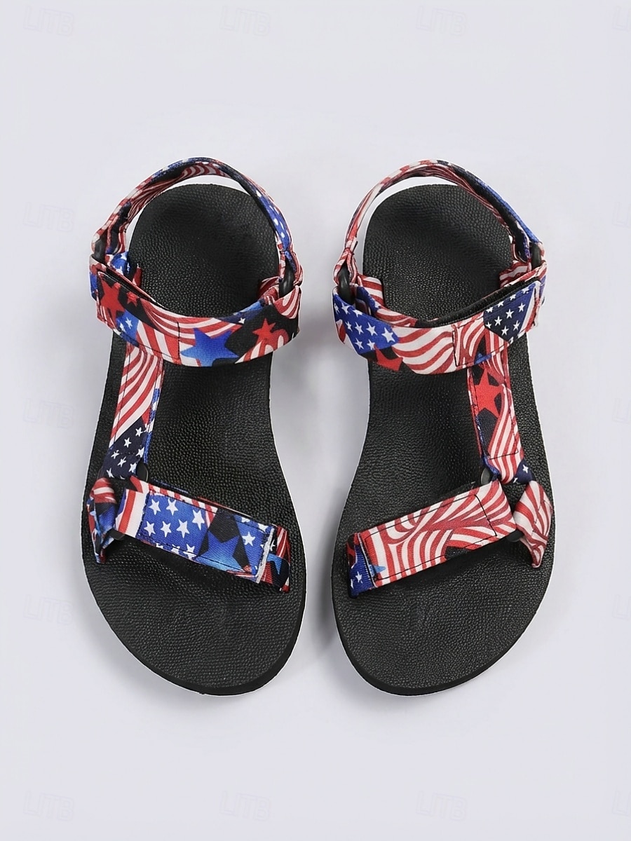Γυναικεία μαύρα / κόκκινα σανδάλια για την 250ή επέτειο των ΗΠΑ - άνετα πατριωτικά σανδάλια με λουράκια και σχέδια με αστέρια και ρίγες για παραλία, παρελάσεις και εορτασμούς της 4ης Ιουλίου 2026 - $19.99 –P1