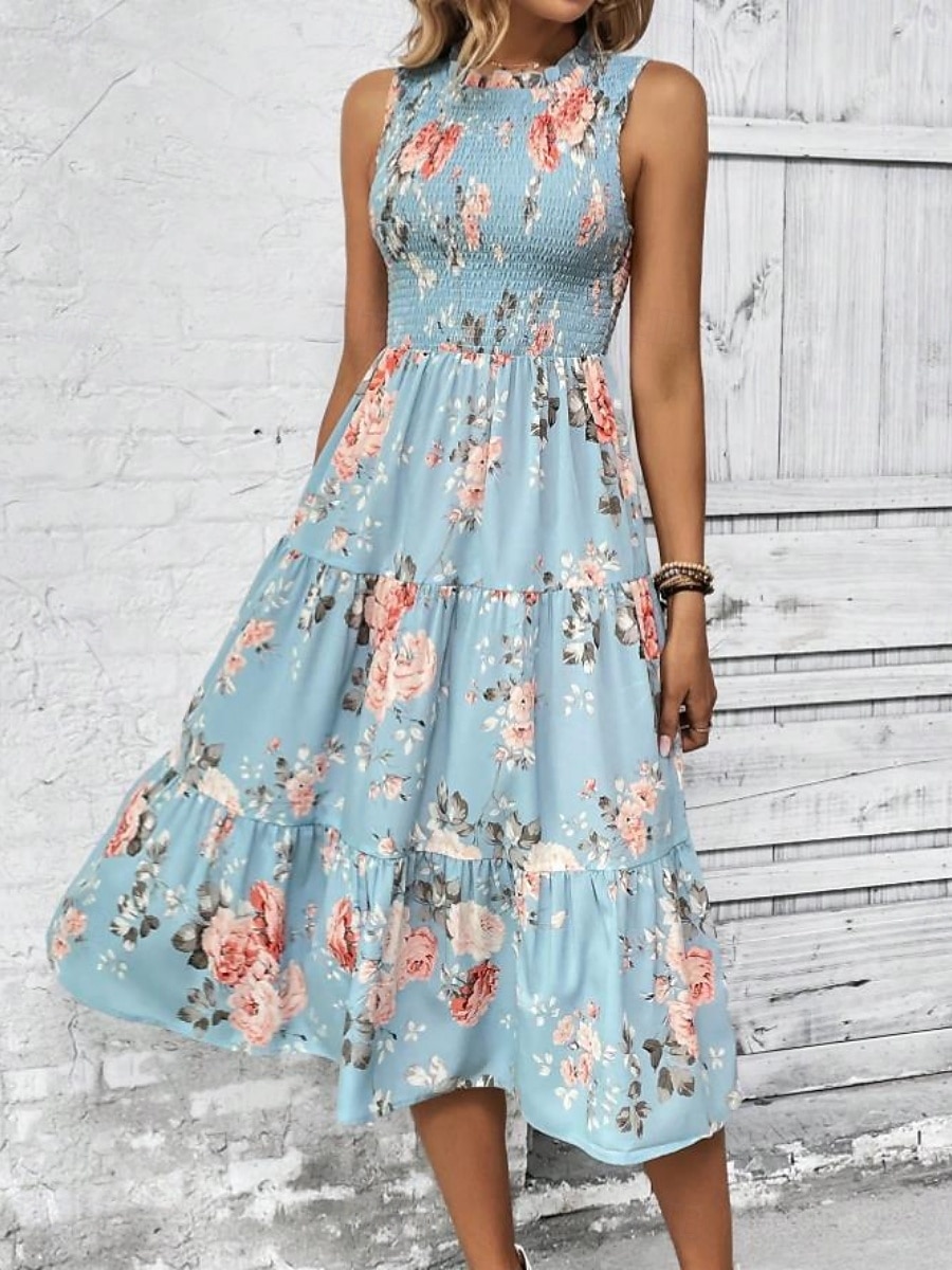 Damskie Sukienka midi Codzienne sukienki Sukienka A line Sukienka w kwiatki Elegancja Moda Nowoczesny Na zewnątrz Urlop Wyjściowe Regularny Kwiaty Bez rękawów Półgolf Niebieski Biały Rumiany róż Lato 2026 - $27.99 –P12