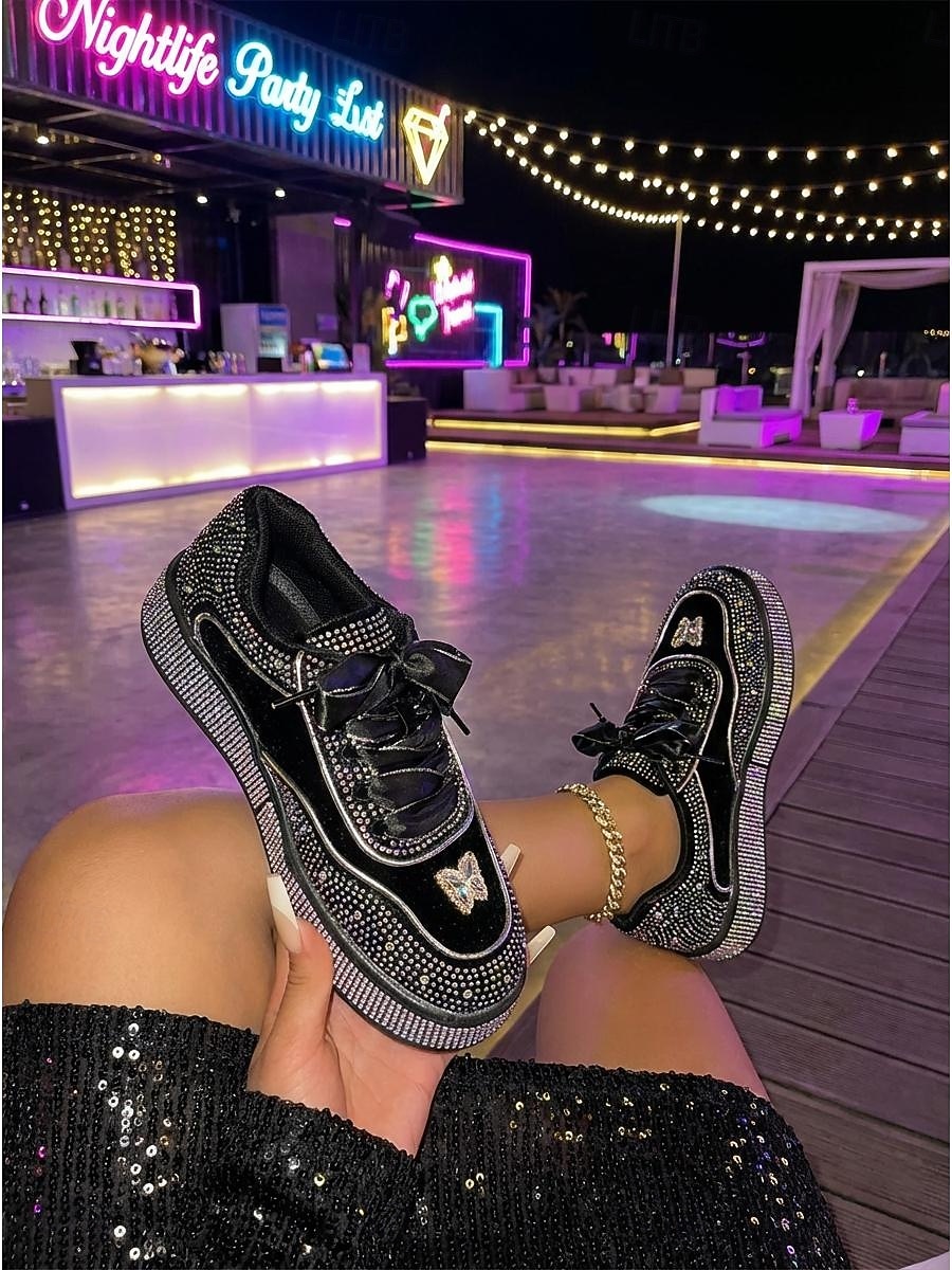 sneakers con plateau e strass da donna - scarpe alla moda in velluto nero per le feste notturne del 2026 a $54.99 –P5