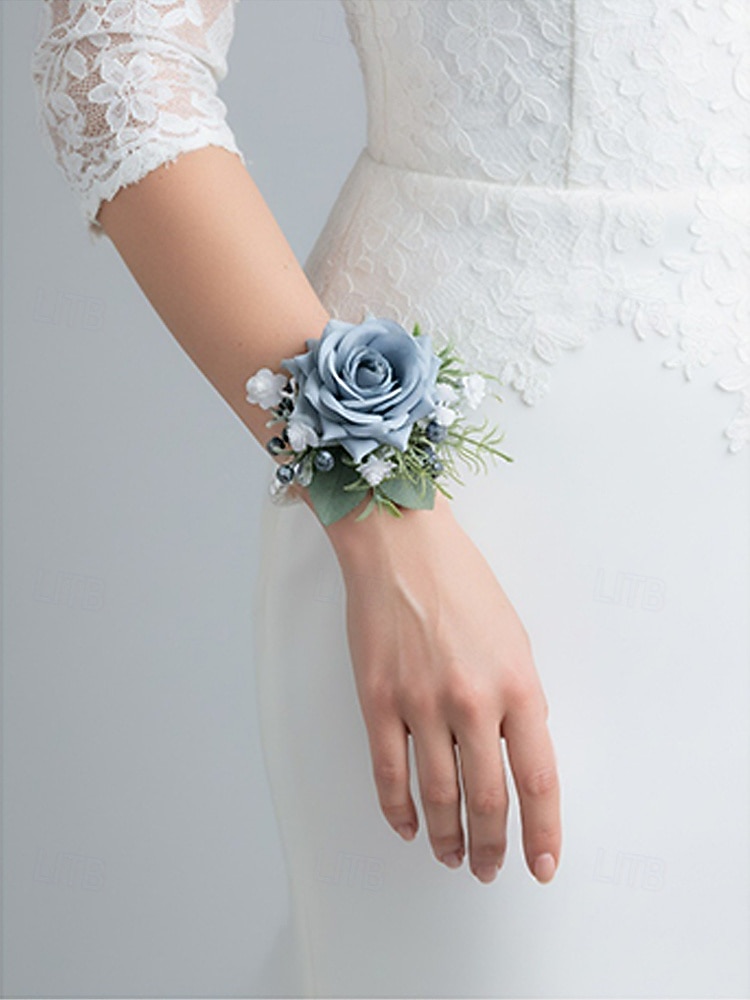 Ensemble boutonnière et bracelet de mariée pour homme, en polyester bleu clair à motif floral artificiel, idéal pour les mariés, les bals de fin d'année, les fêtes et les soirées formelles. de 2026 ? $14.99 –P5