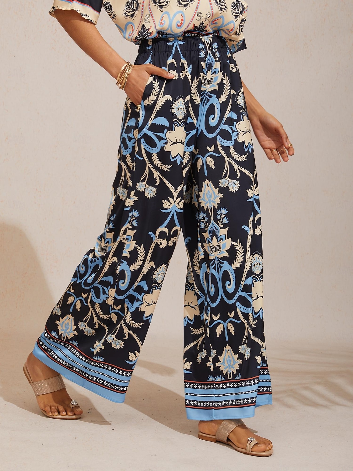 Letnie nocne spodnie z szerokimi nogawkami z jedwabistego satyny palmowej 2026 - $79.99 –P4