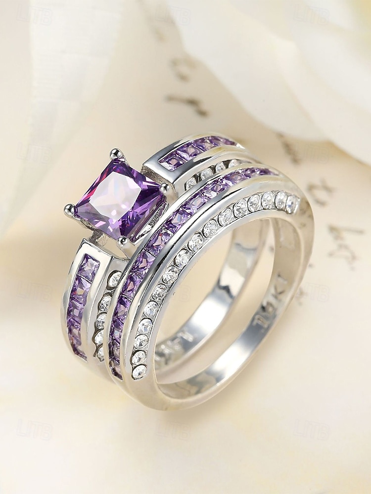 Juego de anillos para mujer, cobre con circonitas cúbicas, multicolor, elegantes anillos a juego para bodas, fiestas y eventos formales, joyería nupcial o de noche perfecta. 2026 - $11.99 –P4