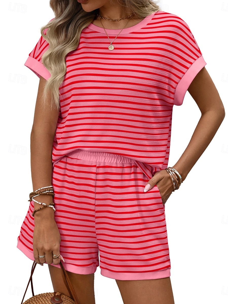 Women's Two Piece Sets Shorts Sets Short Sleeve Crew Neck Striped Fashion Streetwear Casual Daily Outdoor Black Pink Dark Pink Summer Regular Fit 2026 - $37.99 –P17