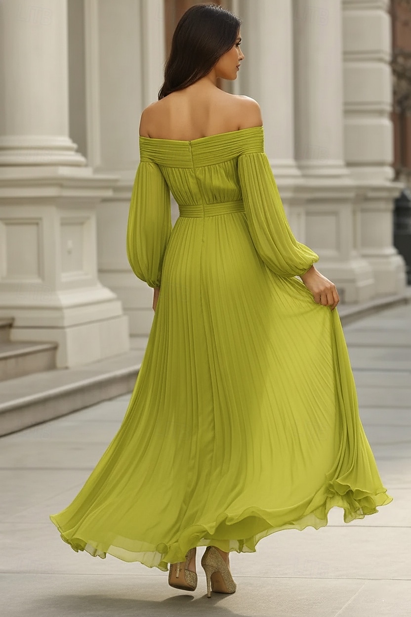 A-Line Floor Length Evening Gown Wedding Guest Dresses Formal Dress Elegant Long Sleeve Off Shoulder Wedding Formal Chiffon with Pleats Ruched 2026 - $194.99 –P2