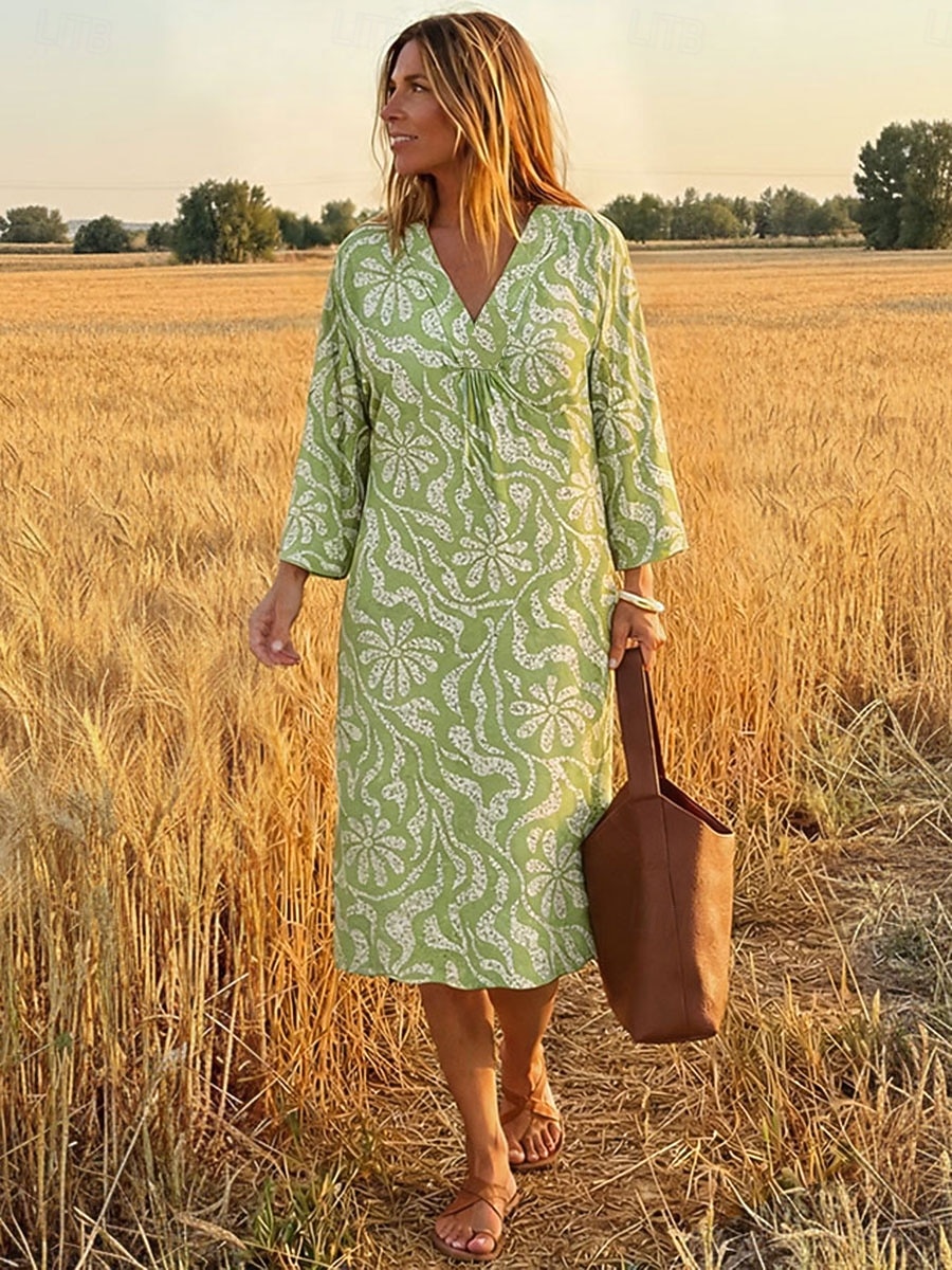 Women's Midi Dress Sundress A Line Dress Vacation Casual Boho Beach Party Loose Fit Graphic Abstract Long Sleeve V Neck Black Orange Green Summer Spring 2026 - $41.99 –P2