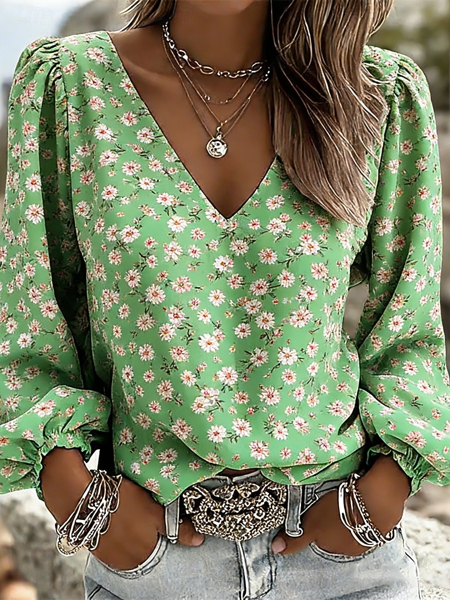Women's Blouse Print Floral Stylish Casual Long Sleeve V Neck Regular Tops Daily Blue Sage Green Black Yellow Pink Summer Spring Fall 2026 - $25.99 –P4