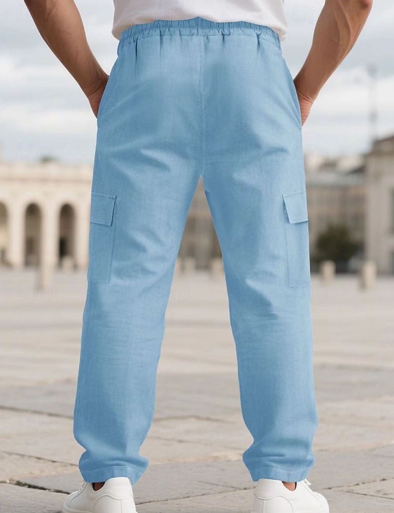 Men's Linen Pants Trousers Summer Pants Beach Pants Drawstring Elastic Waist Solid Color Comfort Breathable Full Length Daily Outdoor Beach Vacation Fashion Black White Inelastic 2026 - $22.99 –P9