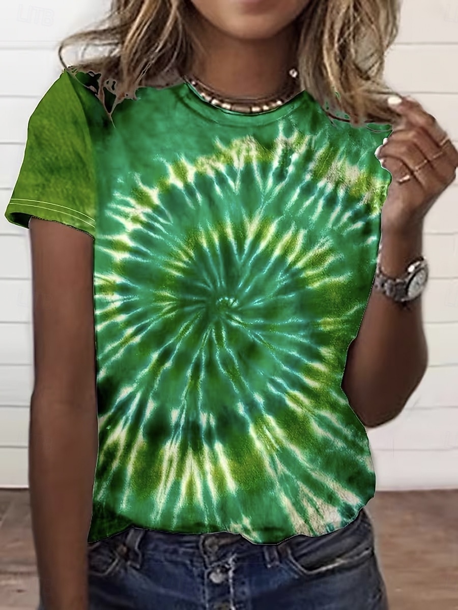 Mujer Camiseta Estampado Graphic Tie-dye Elegante Clásico Casual Manga Corta Cuello Barco Escote Redondo Tops largos Diario Rosa Rojo Morado Verde Trébol Verano Primavera 2026 - $22.99 –P4