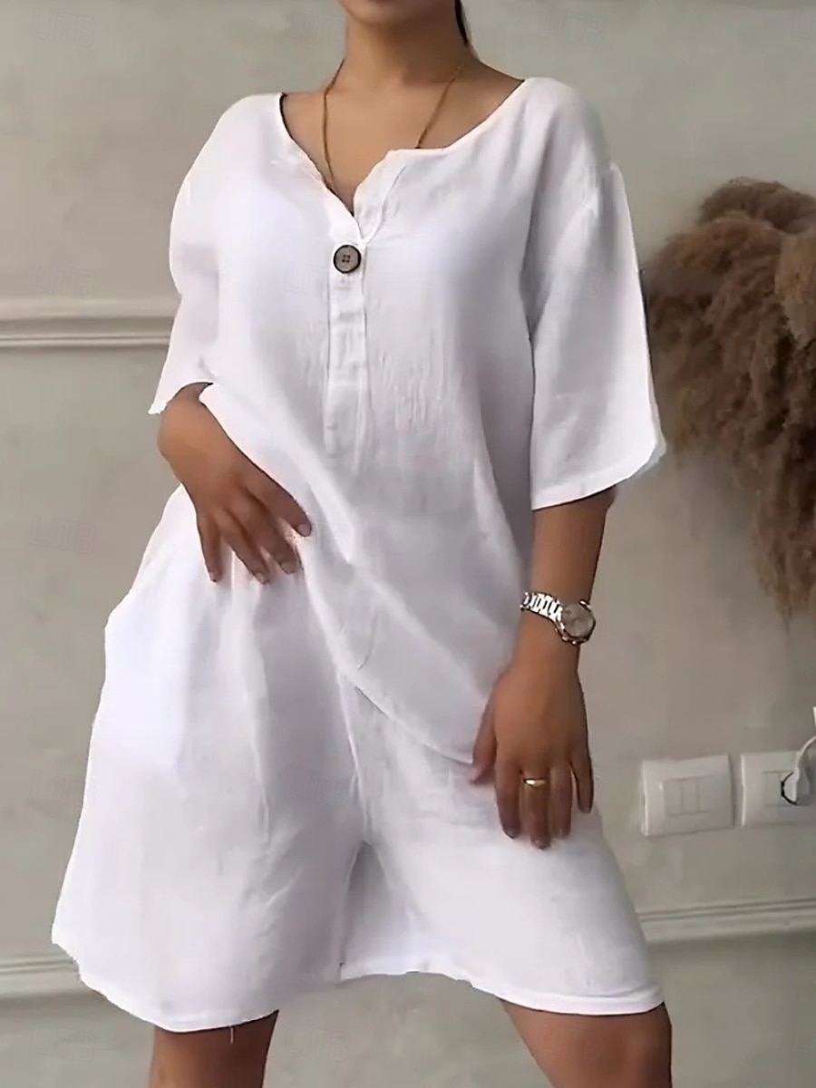 Conjunto feminino de shorts em linho sintético com estampa de algodão, manga 3/4, decote em V, cor sólida, estilo streetwear, casual, para uso diário, em tons de azul, branco e rosa, ideal para o de 2026 por $39.99 –P6