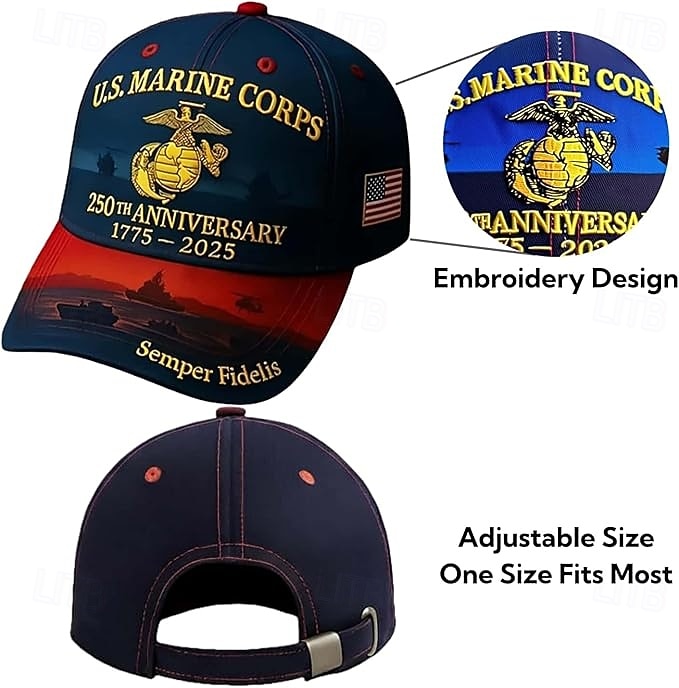 U.S. Marine Corps 250-årsjubileumsbaseballcaps 1775-2025, brodert militærhatt med Semper Fidelis, amerikansk flagg, rød &blå patriotisk justerbar lue 2026 - $21.99 –P3