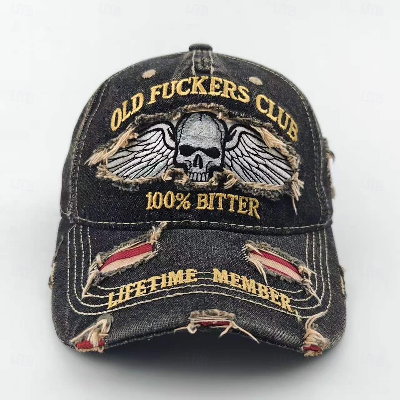 Rolig retro gamlingklubb broderad casualhatt, vintage sliten dödskalle med vingar pappa basebollkeps justerbar rolig grafisk hatt för män utomhus streetwear 2026 - $21.99 –P6