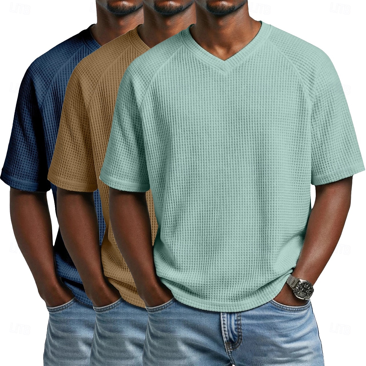 3 pezzi t-shirt da uomo waffle maglietta a maniche corte scollo a V estate tinta unita testurizzata alla moda designer casual multipack maniche raglan casual quotidiano esterno blu bianco maglietta del 2026 a $51.99 –P10
