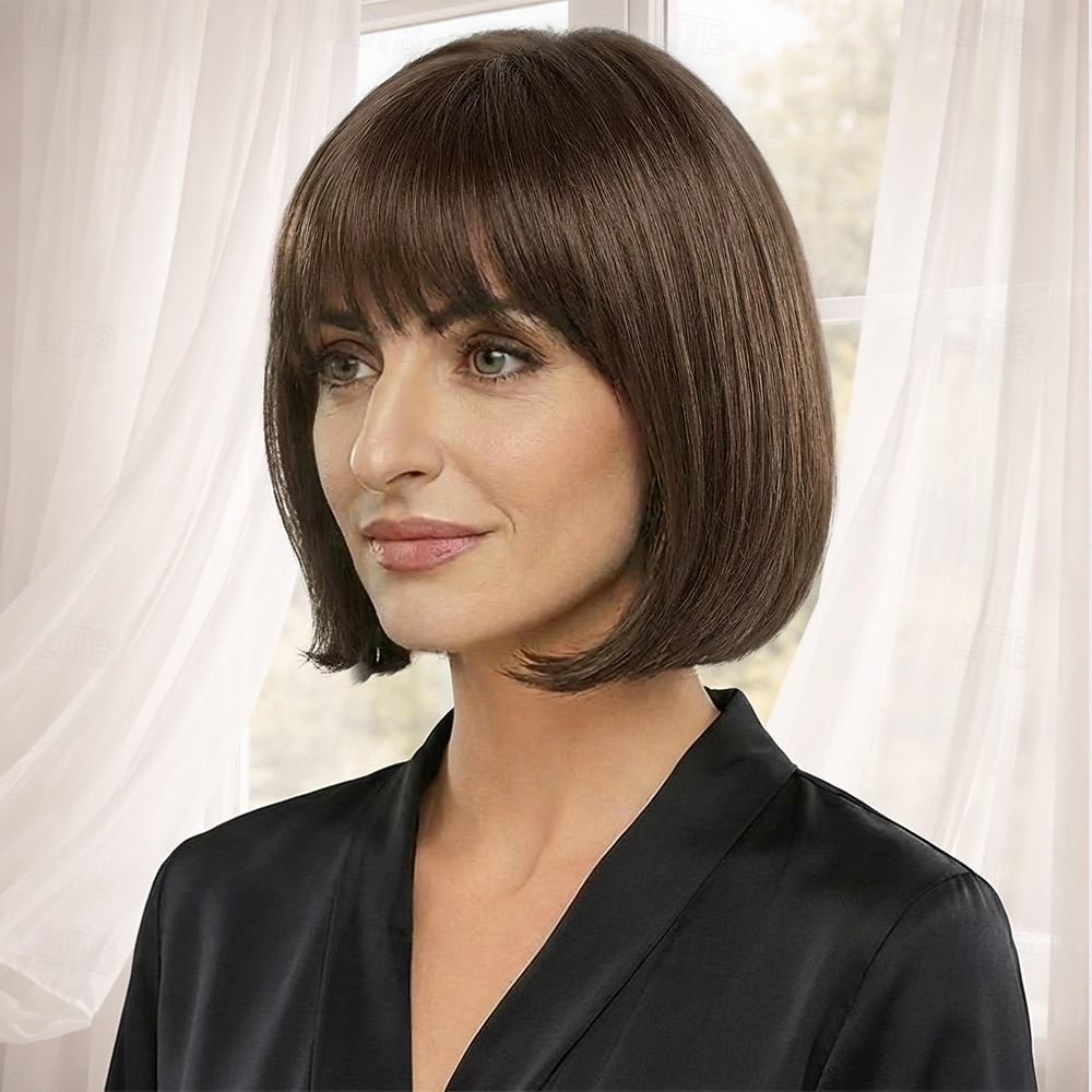 Элегантный парик-каре для женщин — гладкий темно-коричневый с естественной челкой. 2026 - $32.99 –P2