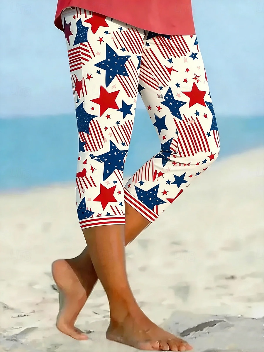 Amerikai függetlenség napja női capri nadrág leggings stílusos rugalmas vádlihosszúságú közepes derékú nadrág grafikus zászlómintás kényelem rugalmas mindennapi szabadtéri vakáció kék fekete fehér 2026 - $21.99 –P3