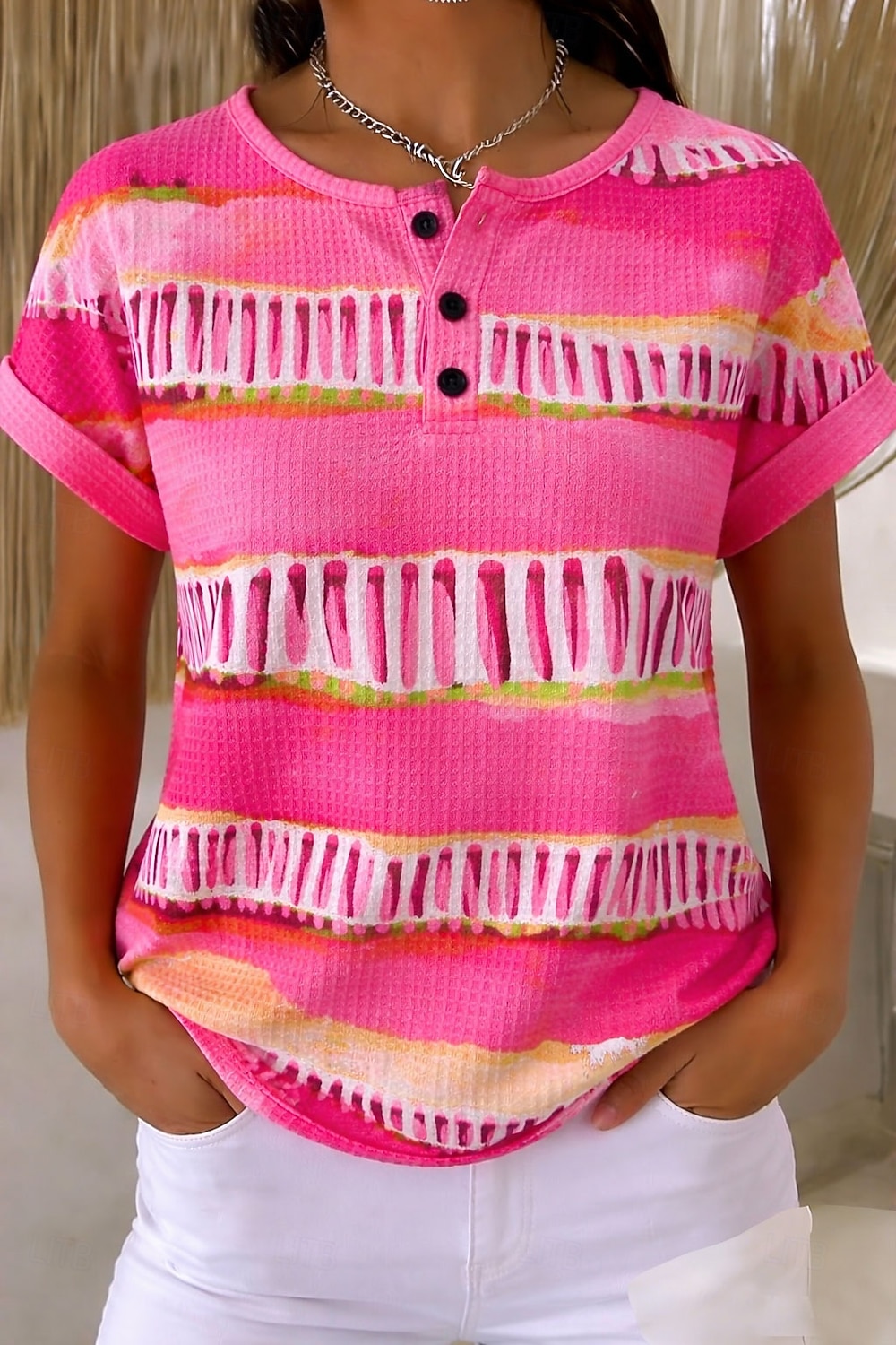 T-shirt waffle per donna a blocchi di colore con stampa a bottoni frontali grafica geometrica vintage elegante classica maniche corte a girocollo top regolari quotidiani rosa arancione beige estivo del 2026 a $24.99 –P1