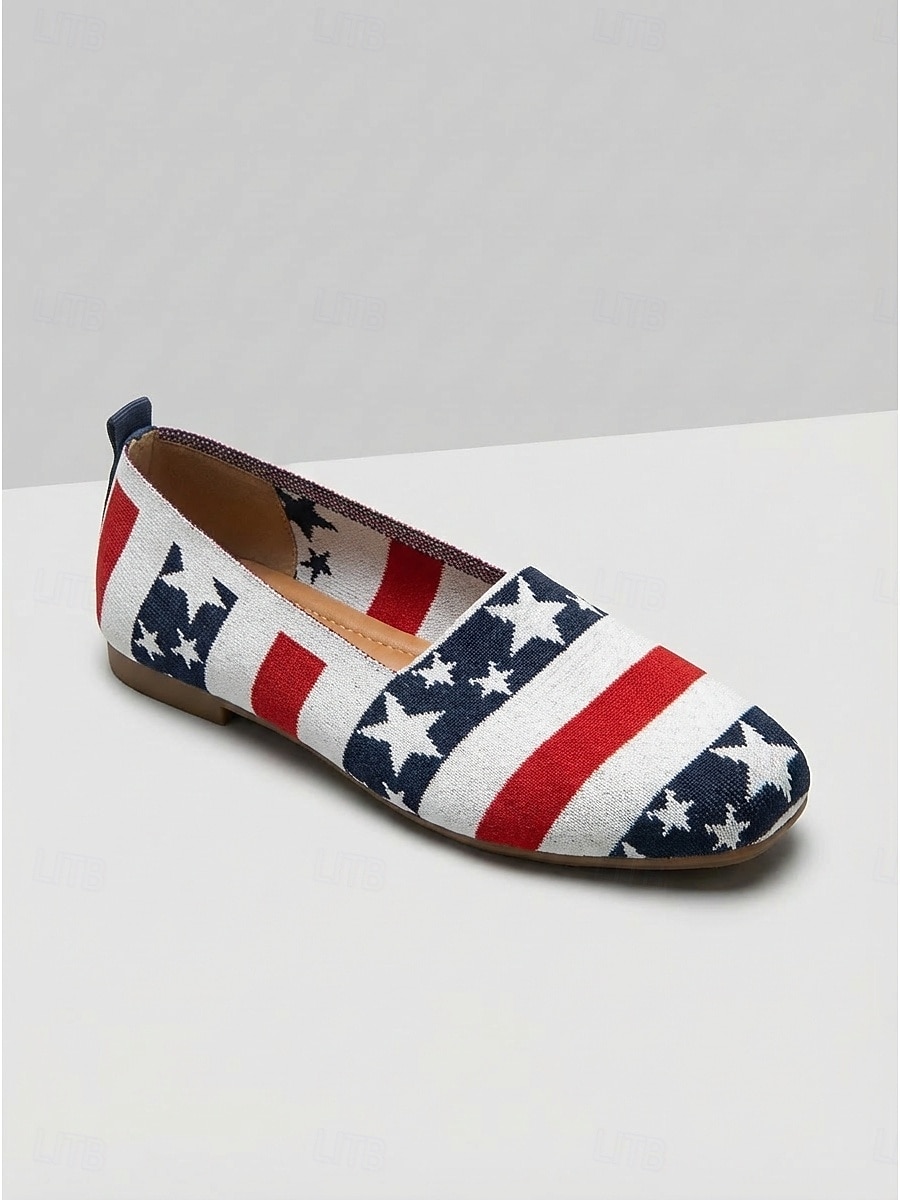 Damskie balerinki USA 250 Patriotic - oddychające, dzianinowe, prążkowane buty z detalami w kształcie gwiazdek &kwadratowe palce na amerykański dzień niepodległości, codzienny komfort &wydarzenia 2026 - $24.99 –P3