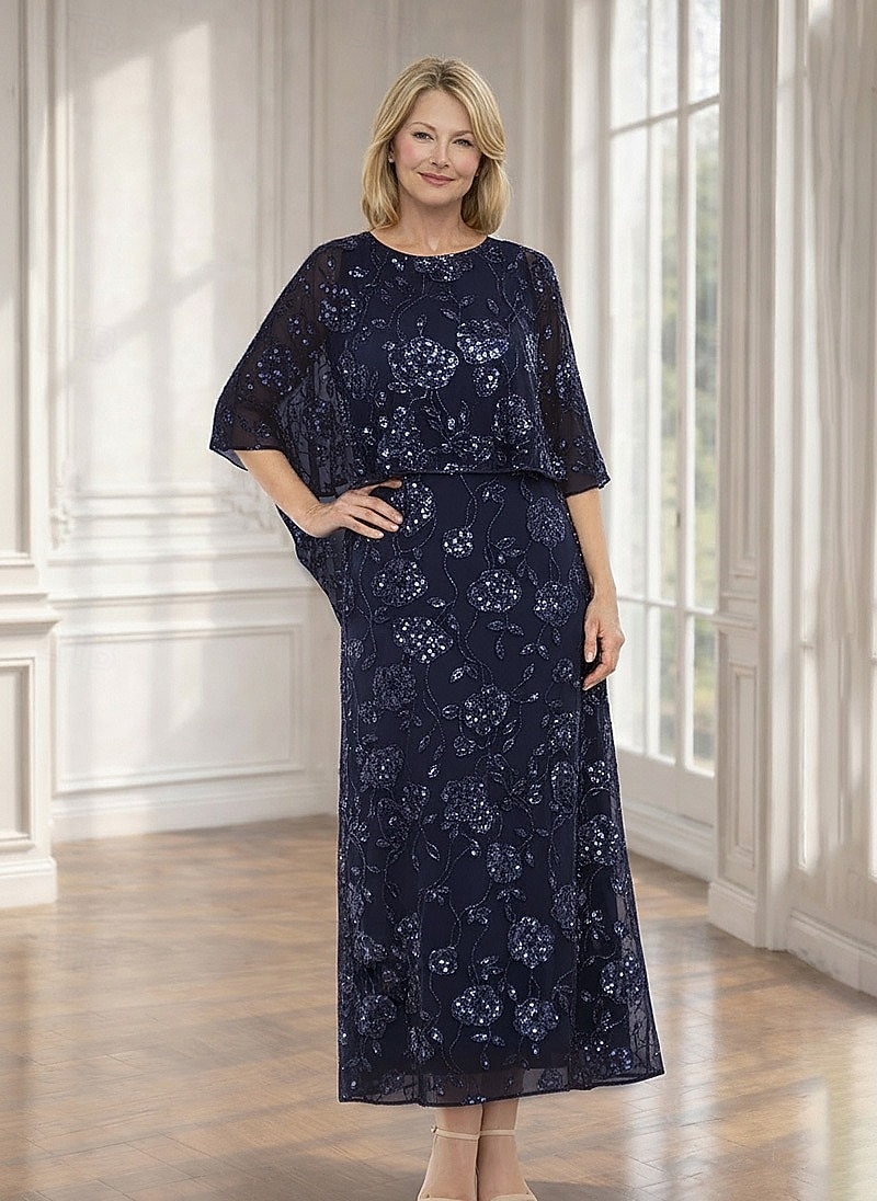 A-Line Dress Floor Length Ankle Length Cocktail Dress Wedding Guest Dress Mother of the Bride Dress Short Sleeve Half Sleeve Crew Neck Elegant Embellished Sparkle & Shine Formal Chiffon Lace Shawls 2026 - $182.99 –P1