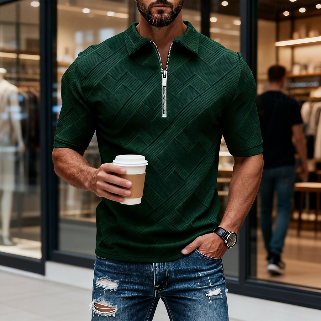 Per uomo Polo con zip Testurizzato Casuale Quotidiano Zip a un quarto Manica Corta Moda Tempo libero Semplice Cerniera Zip a un quarto Estate Primavera Blu Verde translucido blu navy Aalbicocca Blu del 2026 a $22.99 –P9