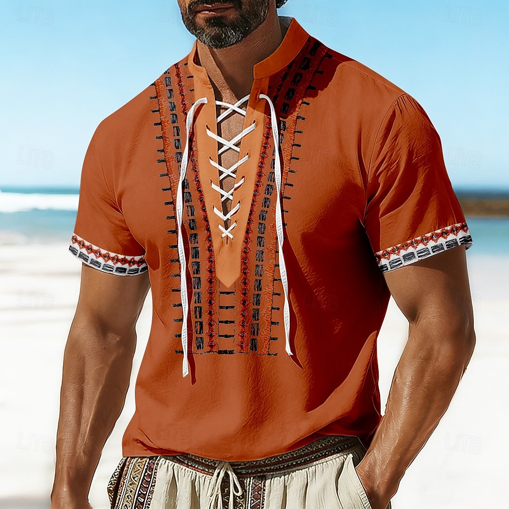 Męskie Wzór geometryczny Etnické Koszula Koszula piracka z sznurowaniem Koszule typu pullover Krótkie rękawy Vintage Retro Codzienne wakacje na plaży Lato Wiosna Kołnierz stawiany Druk 3D 2026 - $25.99 –P1