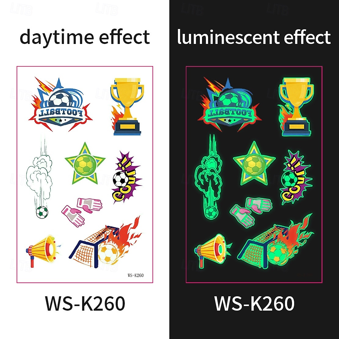 10 db sötétben világító foci ideiglenes tetoválás, neonzöld reaktív, vízálló &könnyen eltávolítható testfesték, játékosokkal, trófeákkal, lángokkal díszítve, tökéletes fociparti ajándékok &ajándékok 2026 - $9.99 –P8