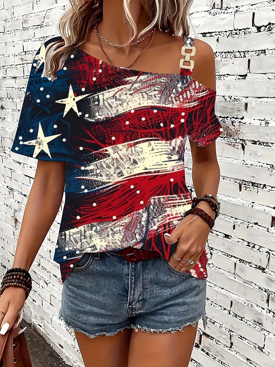 día de la independencia americana Mujer Camiseta Estampado Asimétrico Graphic Bandera estadounidense Vintage Moda Casual Manga Corta Un Hombro Tops regulares Diario Fin de semana Azul Piscina Rojo 2026 - $21.99 –P1