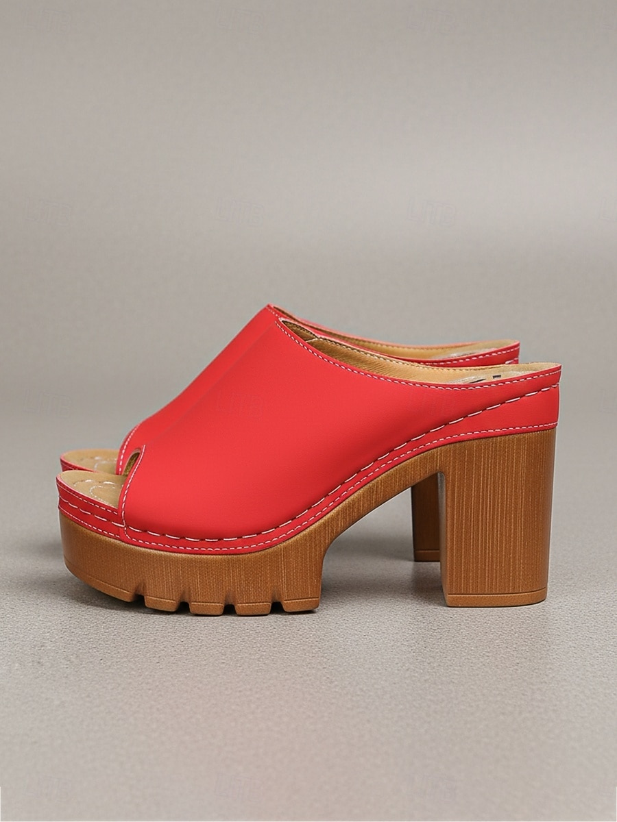 Women's Red Platform Block Heel Mule Sandals – Open Toe Slip-On Sandals with Chunky Sole for Summer Casual Wear, Vacation Travel and Garden Party 2026 - $32.99 –P1