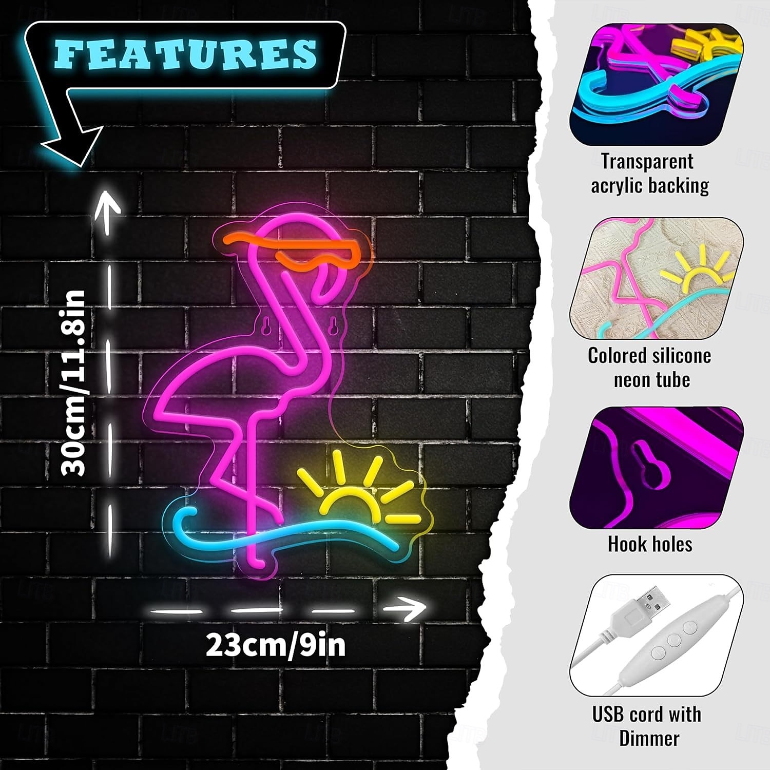 фламинго, коктейль, пальма &Неоновая вывеска в виде волны, настенные светильники, питание от USB, светодиодная подсветка с регулировкой яркости и возможностью выбора цвета, для использования в 2026 - $30.99 –P2