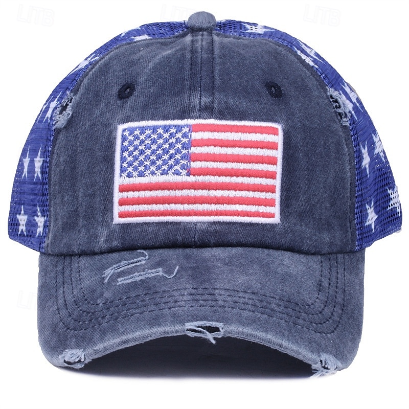 Cappellino da baseball patriottico in cotone lavato con stella della bandiera americana ricamata, cappellino da camionista vintage effetto invecchiato con rete per uomo e donna, 4 luglio, giorno del 2026 a $16.99 –P9