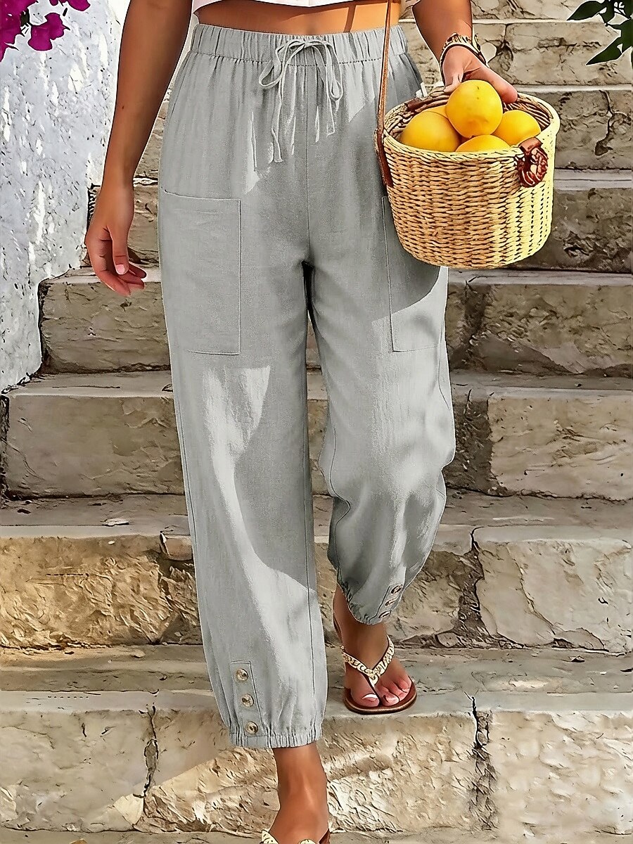 Γυναικεία Βαμβακερό λινό παντελόνι Καλοκαίρι παντελόνι Παντελόνια με κοψίματα Παντελόνι παραλίας Απλός Καθημερινό Ανατομικό Μέχρι τον αστράγαλο Μεσαία Μέση Μονόχρωμες Τσέπη Ελαστική μέση Αναπνέει 2026 - $18.49 –P3