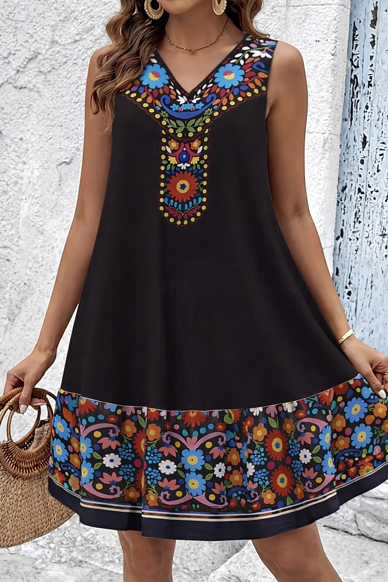 Mujer Mini vestido Vestido de verano Vestido de una línea Casual Diario Festivos Holgado Floral Graphic Tribal Sin Mangas Escote en Pico Negro Beige Verano Primavera 2026 - $34.99 –P3