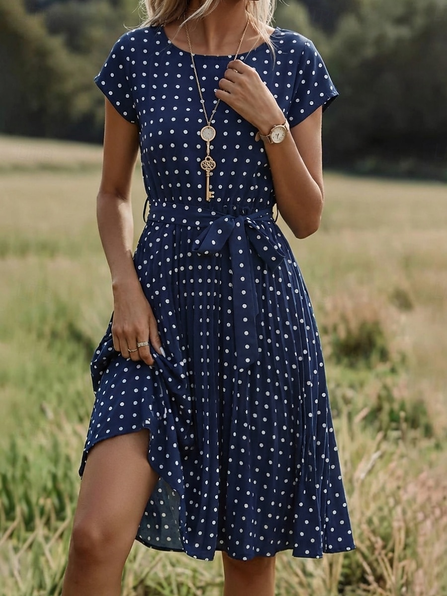 Per donna Abito Midi Vestito Casual Vestito in Chiffon Abito a trapezio Abito Floreale Elegante Vintage Moda All'aperto Vacanza Uscire Vestibilità regolare A Pois Manica Corta Scollo a V Blu Nero del 2026 a $29.99 –P1