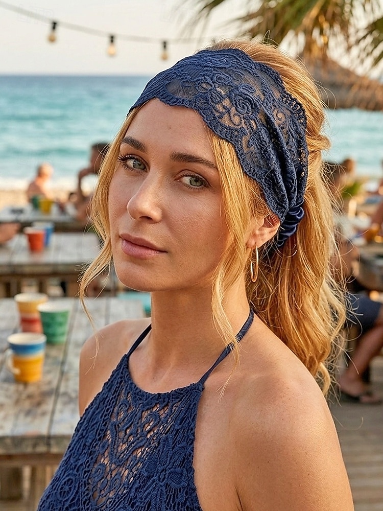 damska opaska na głowę z koronki boho z poliestru, wielokolorowa kwiatowa ozdoba do włosów, idealna na co dzień, do podróży, na wakacje, na plażę i do kurortu 2026 - $7.99 –P1