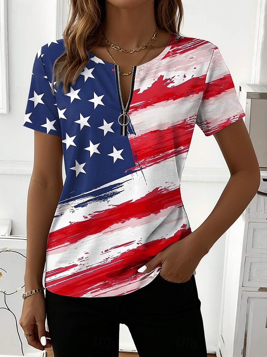 Giorno dell'Indipendenza Americana Per donna Maglietta Cerniera Grafico Bandiera Americana Elegante Classico Casual Manica Corta Girocollo Top Regolari Quotidiano Weekend Blu Bianco Rosso Estate del 2026 a $21.99 –P3