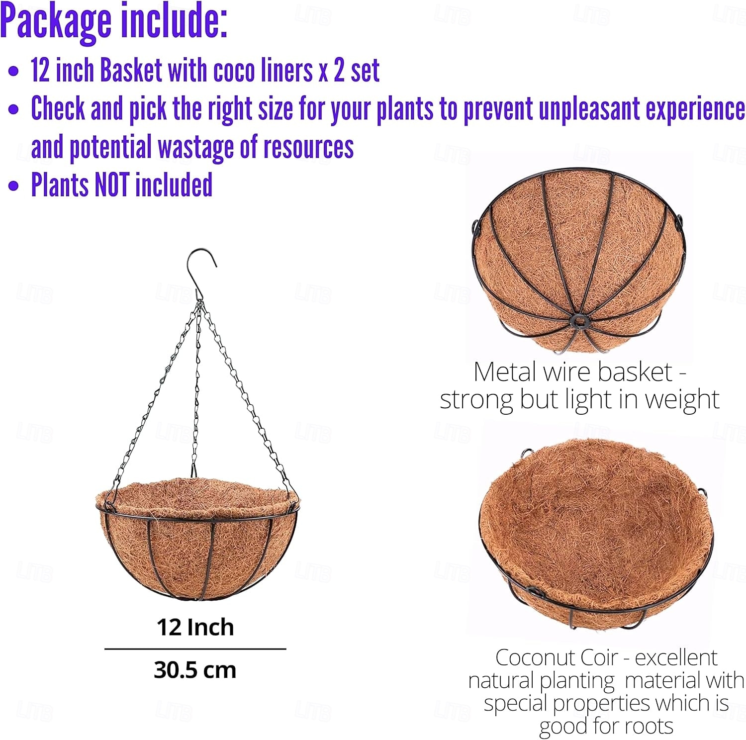 Jardinières suspendues pour plantes d'extérieur (lot de 2, 30 cm), paniers suspendus avec doublure en fibre de coco, supports de plantes ronds en fil de fer, crochets et chaînes pour terrasse, porche, de 2026 ? $25.99 –P6