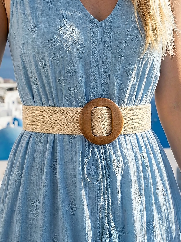 Cinturón tejido bohemio para mujer con hebilla de madera vintage, cinturón de malla de paja para vestir, ideal para vacaciones de verano en la playa y uso diario informal, disponible en varios colores. 2026 - $9.99 –P4
