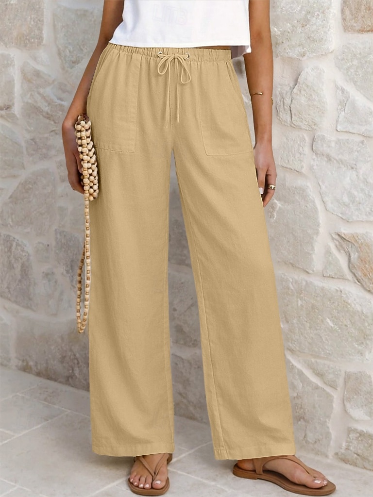 Damskie Lniane spodnie Spodnie Spodnie codzienne Letnie spodnie Urlop Moda Podstawowy Pełna długość Średia talia Równina Ściągana na sznurek Elastyczny pas Prosta noga Lekki Oddychający Nieelastyczny 2026 - $25.99 –P15