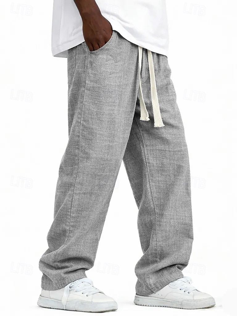 Men's Linen Pants Trousers Summer Pants Baggy Pants Pocket Elastic Waist Straight Leg Solid Color Comfort Comfortable Full Length Casual Daily Holiday Vacation Fashion Blue Black Inelastic 2026 - $25.99 –P7