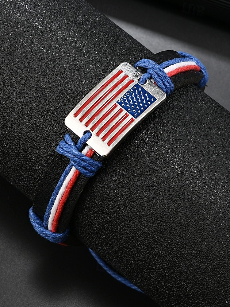 צמיד עור מתכוונן לגברים עם עיצוב דגל אמריקאי, חומר עור אמיתי, סגנון פטריוטי, מושלם לציון 250 שנה לארה"ב, יום העצמאות וללבוש יומיומי חיצוני 2026 - $7.99 –P4