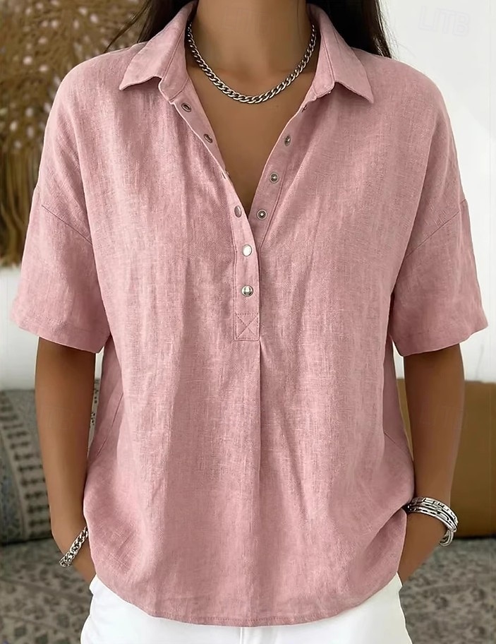 Women's Shirt Linen-feel Shirts Vintage Stylish Short Sleeve Turndown Regular Tops Daily Work Holiday Blue Black White Pink Light Brown Summer Spring 2026 - $28.99 –P1