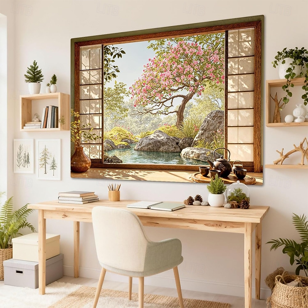 3D Zen Garden Window View Wall Tapestry Cherry Blossoms Sakura Pond Rocks Shoji Screen Tea Set Home Decor Living Room Bedroom Backdrop Office Mural Art 2026 - $19.99 –P2