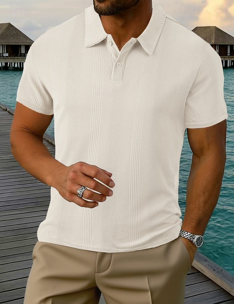 Homme Polo Texturé Occasionnel Rue Revers Manche Courte Basique Moderne Uni Rayures Boutons Tricot Été Printemps Coupe régulière Noir Blanche Rouge Bordeaux Gris Claire Abricot Bleu clair Polo de 2026 ? $17.99 –P1
