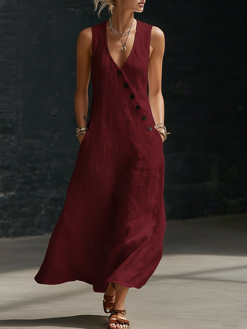 Robe longue en coton et lin pour femme, robe d'été, robe trapèze, robe cintrée et évasée, robe de vacances décontractée, style bohème, robe de plage décontractée, robe de soirée ample, robe unie sans de 2026 ? $24.99 –P8