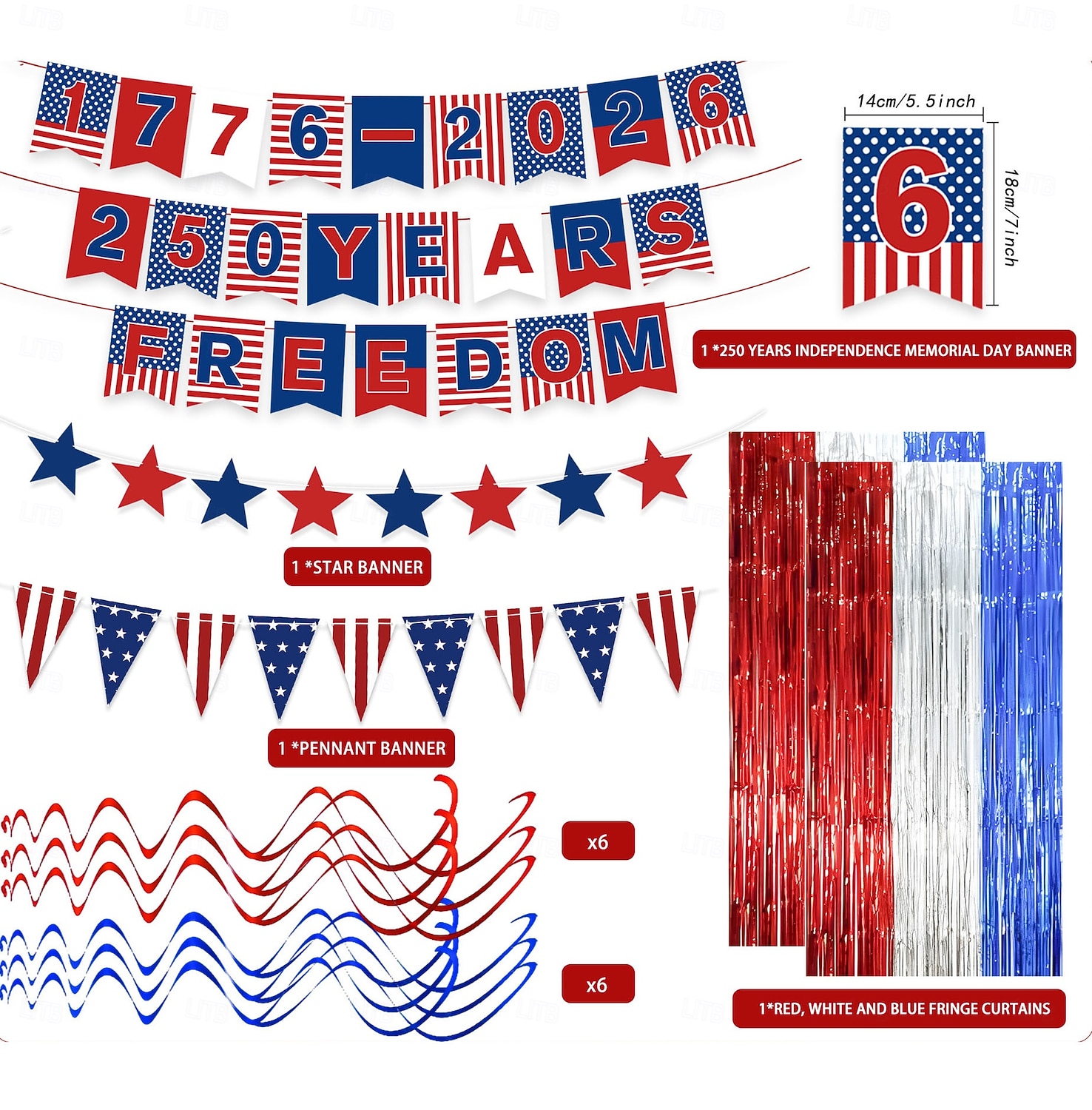 Sada dekorativních bannerů k 250. výročí Dne nezávislosti USA, obsahuje 24 bannerů, 10 vlaječek, 8 stuh, 12 spirálových závěsů a 2 tylové závěsy. &1 ubrus, ideální na oslavy Dne nezávislosti 2026 - $21.99 –P1