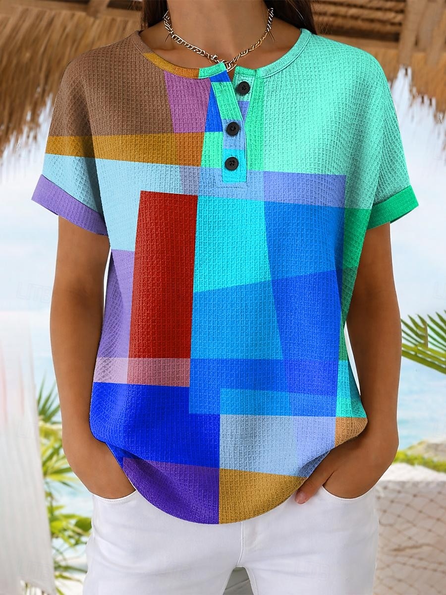 T-shirt waffle per donna stampa grafica a blocchi di colore geometrica vintage elegante classica manica corta collo rotondo top regolari quotidiani blu rosso viola arancione estate primavera del 2026 a $24.99 –P2