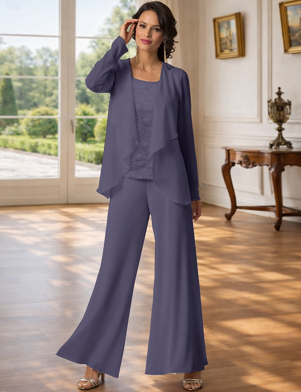 Traje de pantalón Traje de 3 piezas Hasta el Suelo Vestido de Madrina Sin Mangas Barco de cuello Elegante Talla Grande Bolero incluido Formal Invitado a la boda Gasa con Encaje 2026 - $126.99 –P14